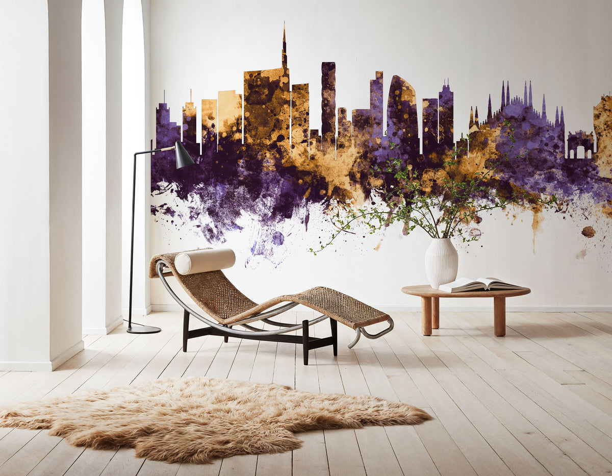 Milan Italy Skyline Purple & Gold Mural Wallpaper - room preview 02