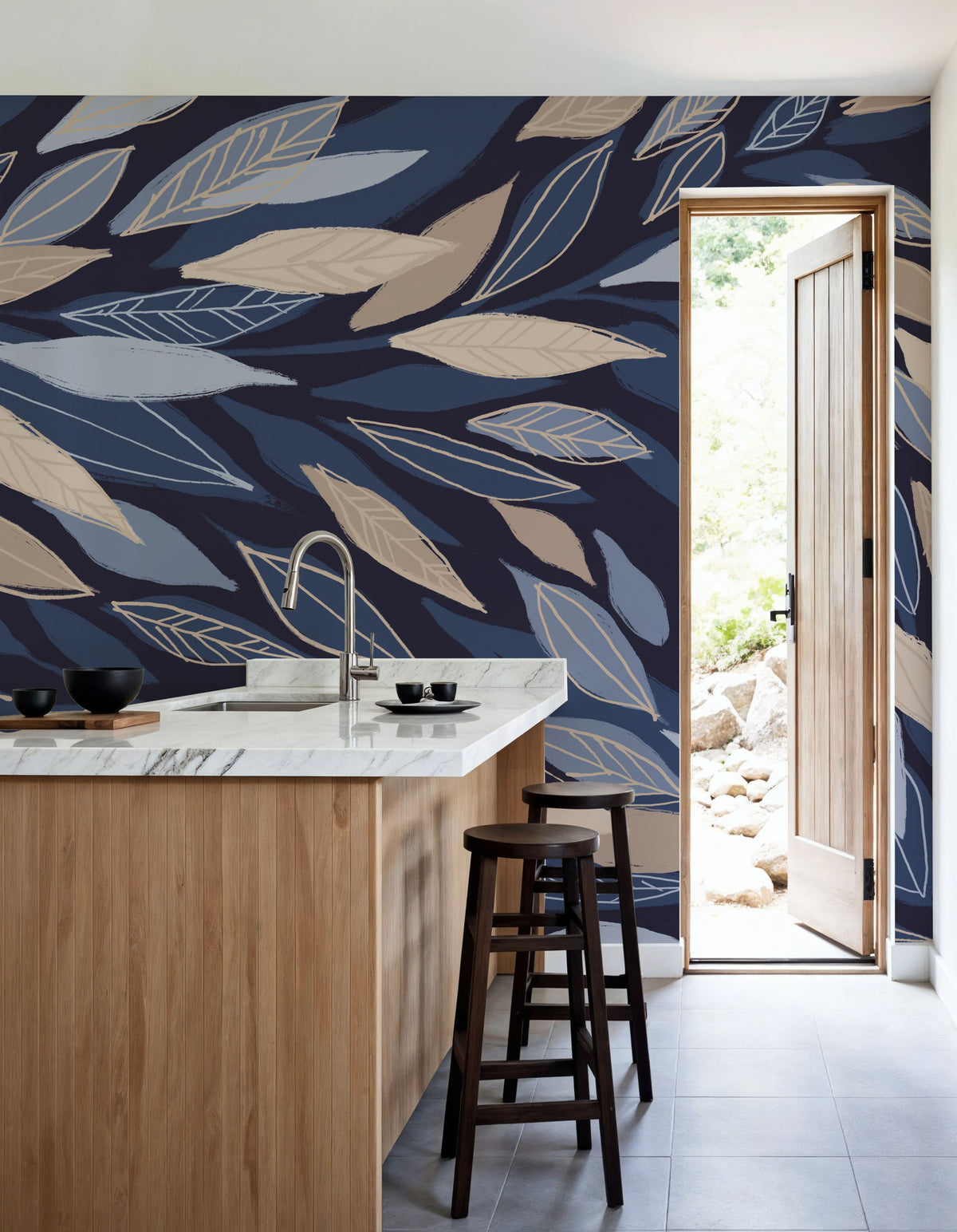 Leafy Lines Dark Mural Wallpaper - room preview 02