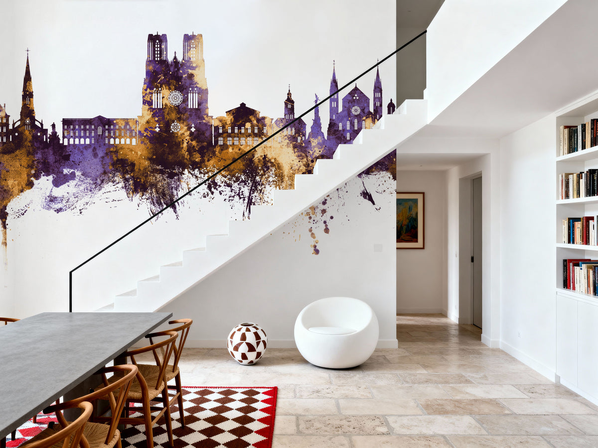Reims France Skyline Purple & Gold Mural Wallpaper - room preview 02