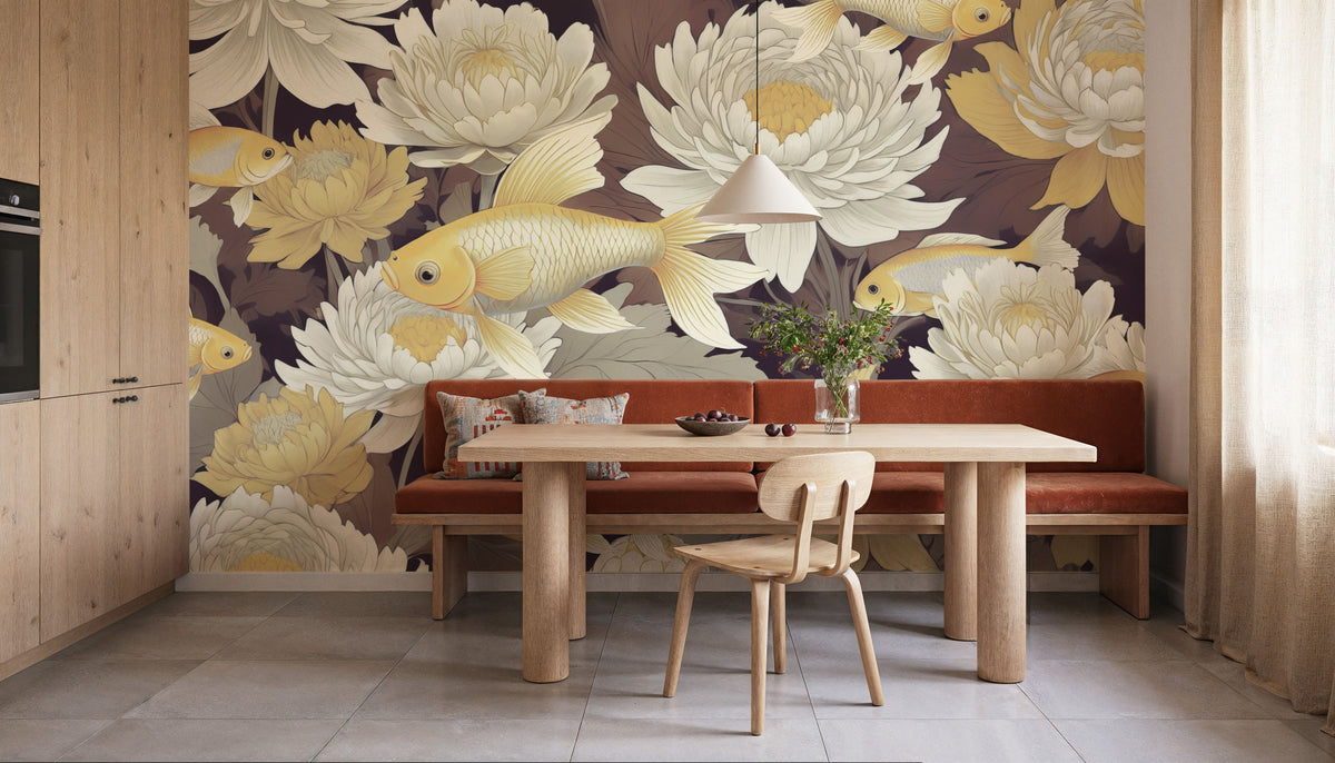 Dancing Fish, Yellow on Brown Mural Wallpaper - room preview 02