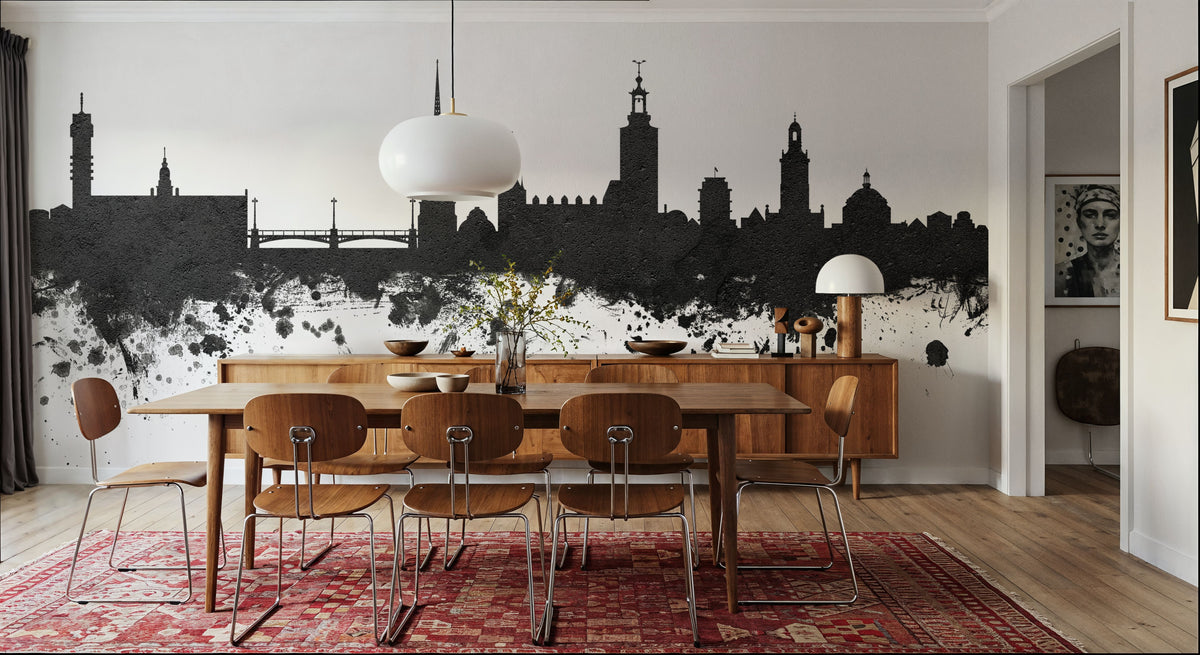 Stockholm Skyline Black & White Mural Wallpaper - room preview 02