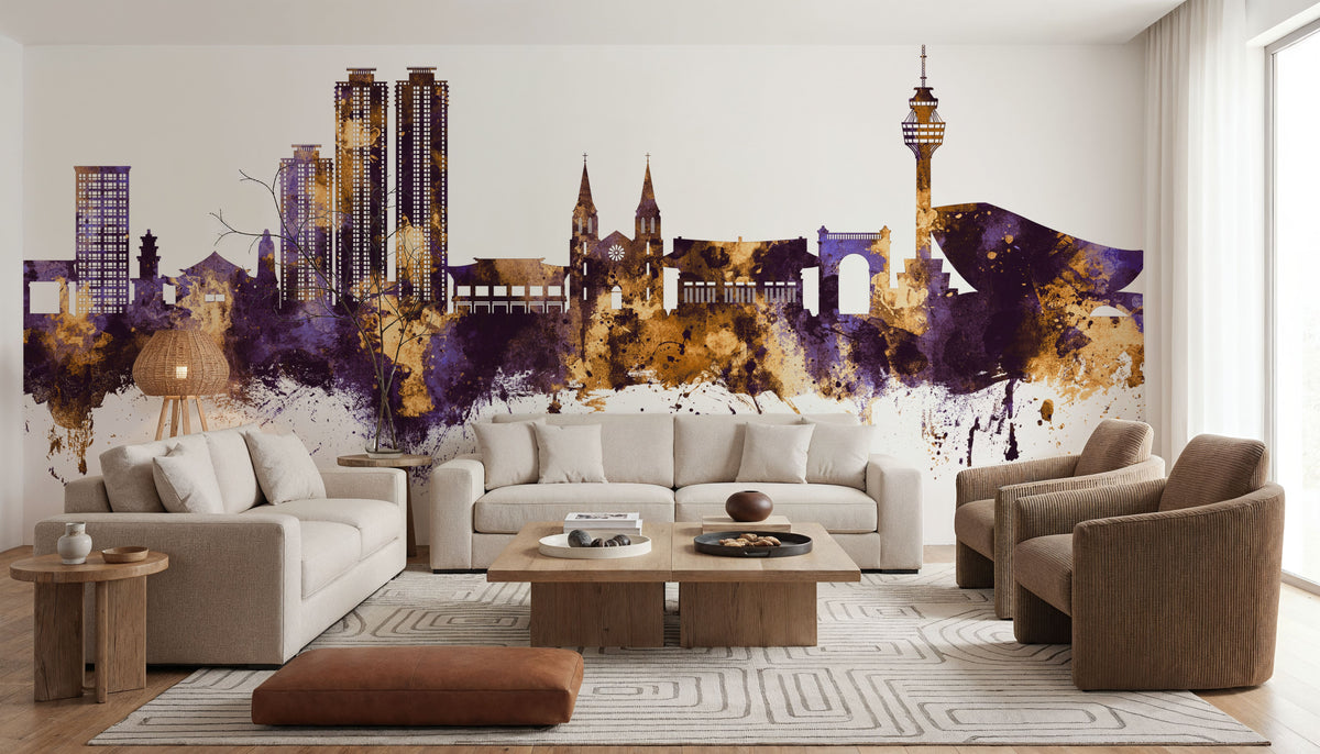 Daegu South Korea Skyline Purple & Gold Mural Wallpaper - room preview 02