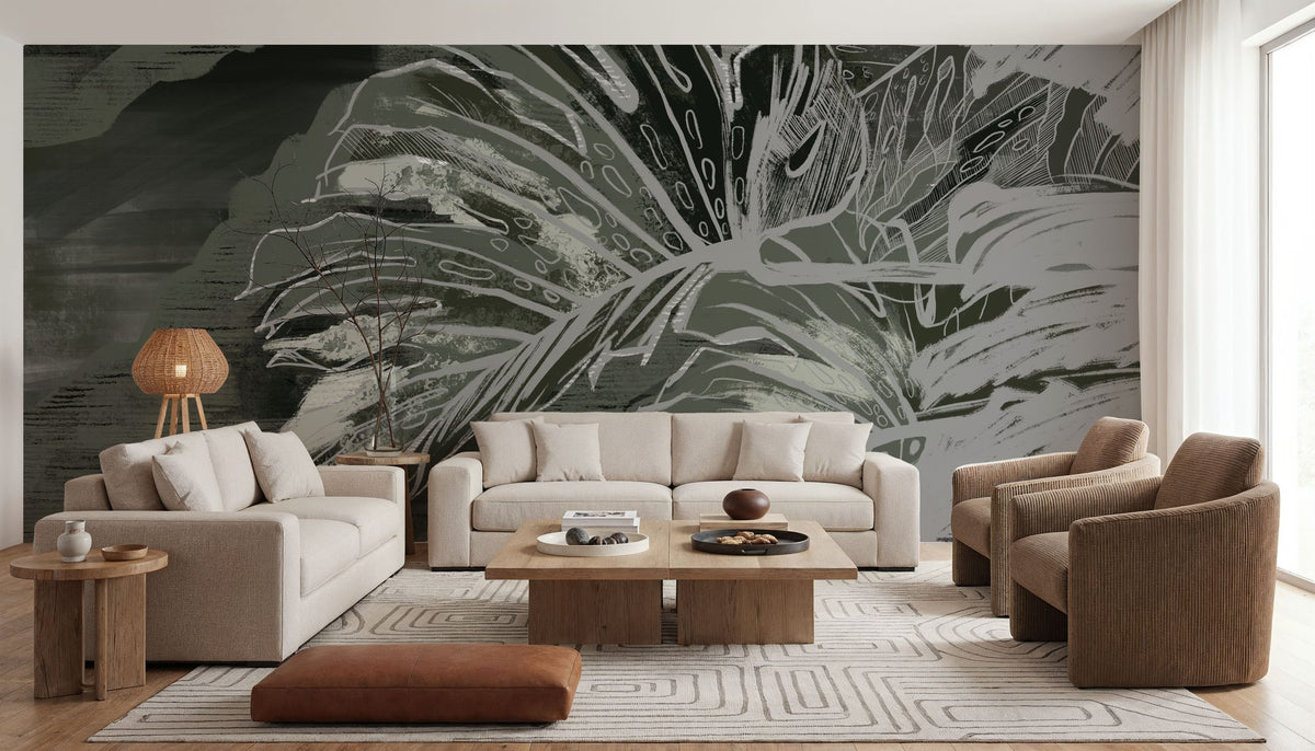 High Grunge Leaves Mural Wallpaper - Neutral Tone - room preview 02