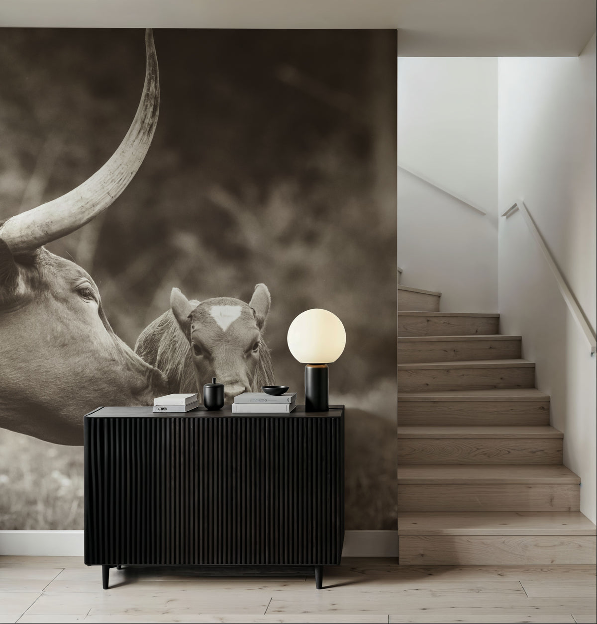 Longhorn Pasture Pair Sepia Mural Wallpaper - room preview 02