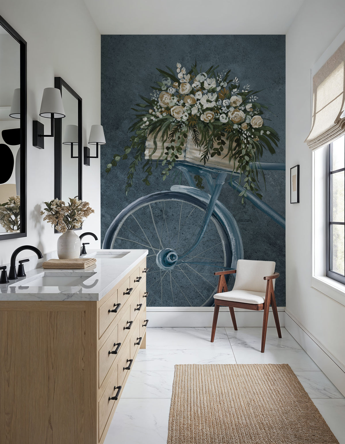 Vintage Bicycle with Florals Denim Mural Wallpaper - room preview 02