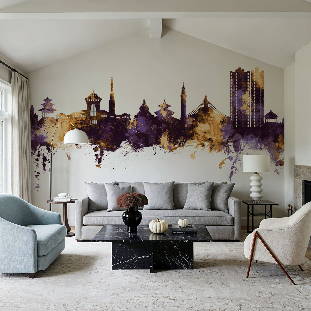 Kathmandu Nepal Skyline Purple & Gold Mural Wallpaper - room preview 02