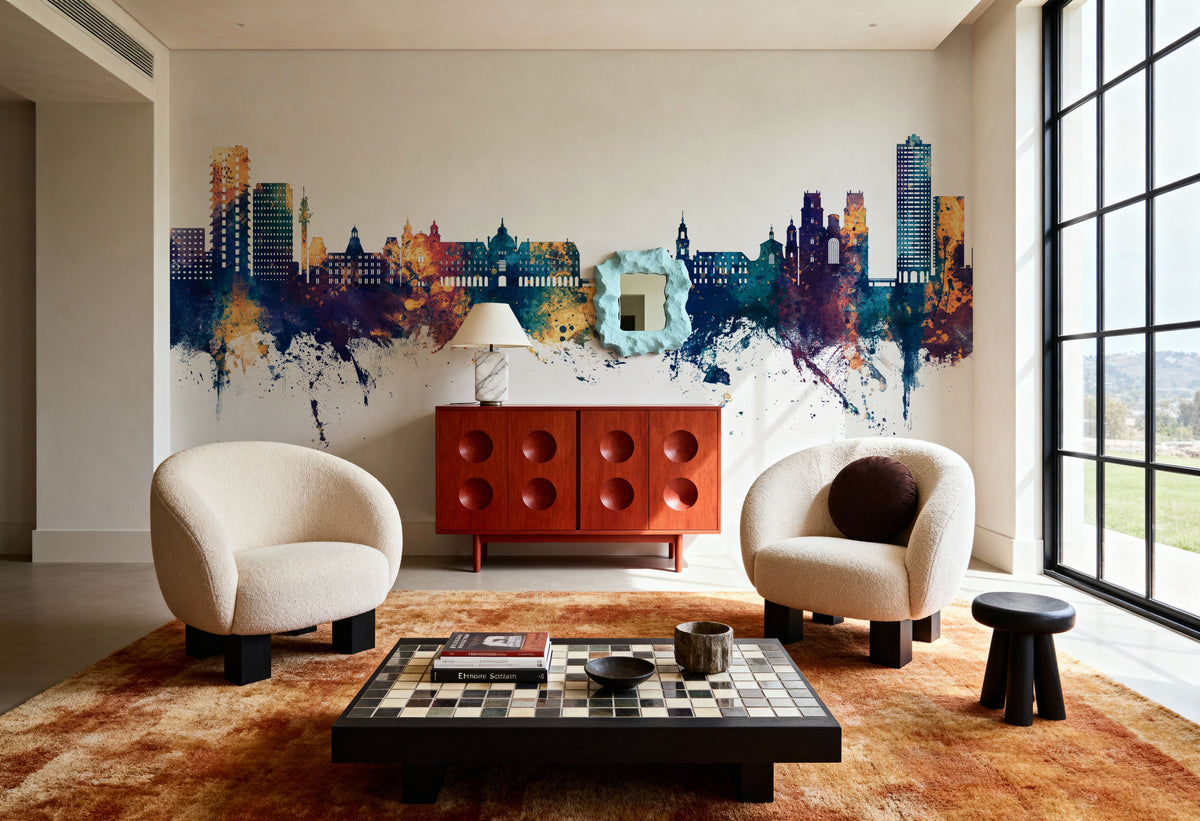 Rennes France Skyline Blue & Bronze Mural Wallpaper - room preview 02