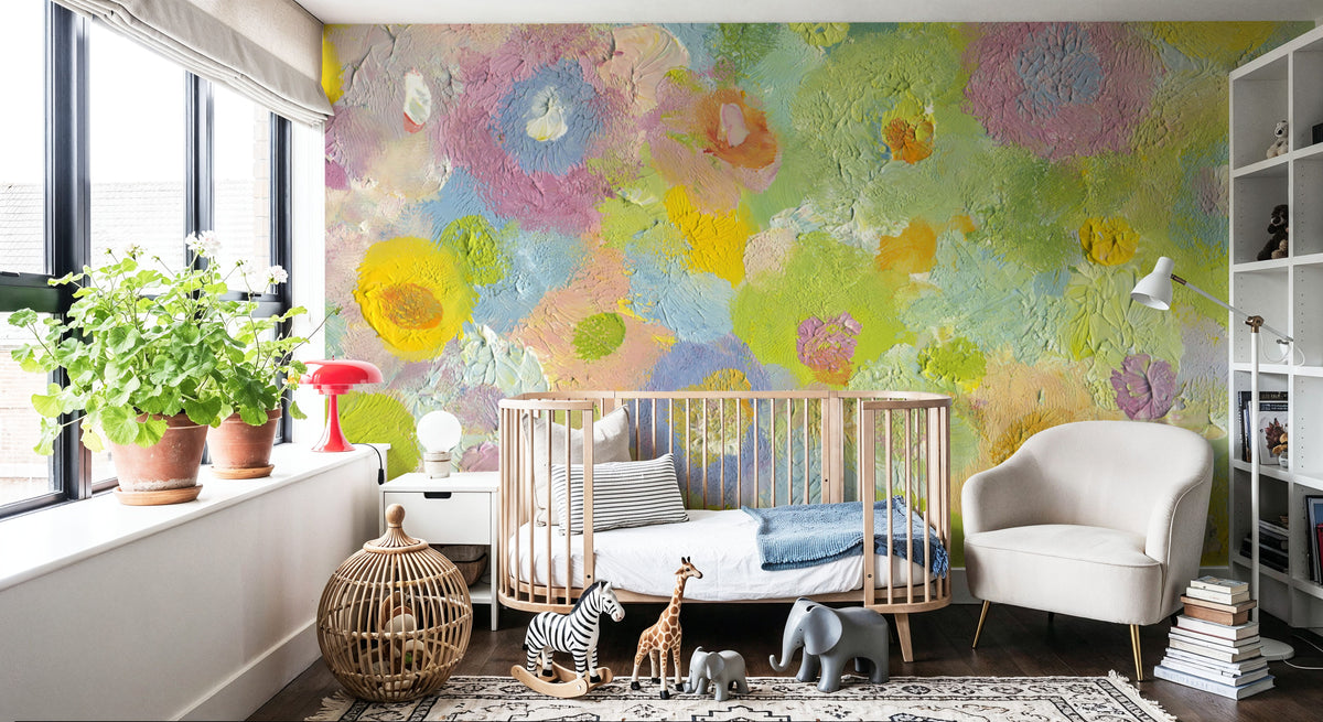 Happy Oil Painted Flowers, Green & Yellow Mural Wallpaper - room preview 02