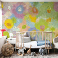 Happy Oil Painted Flowers, Green & Yellow Mural Wallpaper - room preview 02
