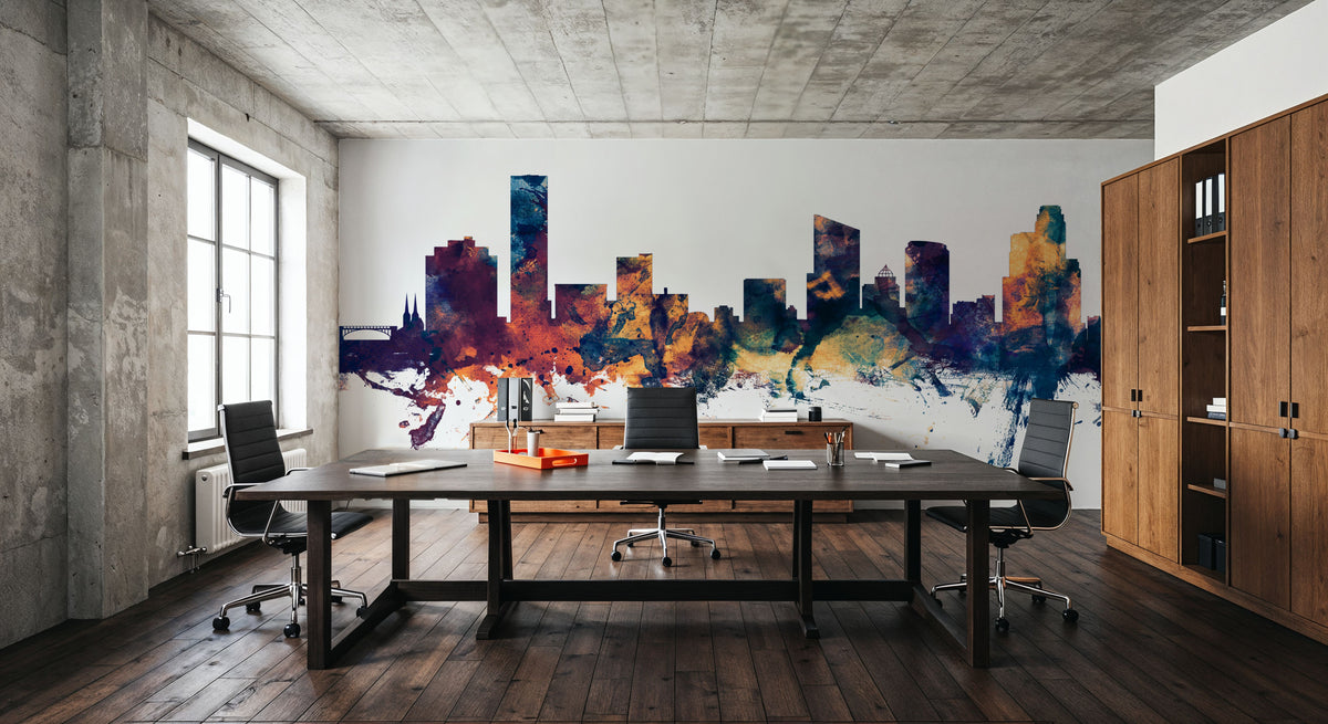 Grand Rapids Michigan Skyline Blue & Bronze Mural Wallpaper - room preview 02