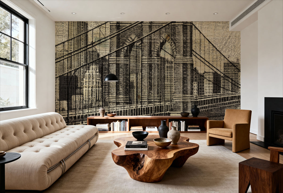 Vintage NY Brooklyn Bridge Skyline Mural Wallpaper - room preview 02