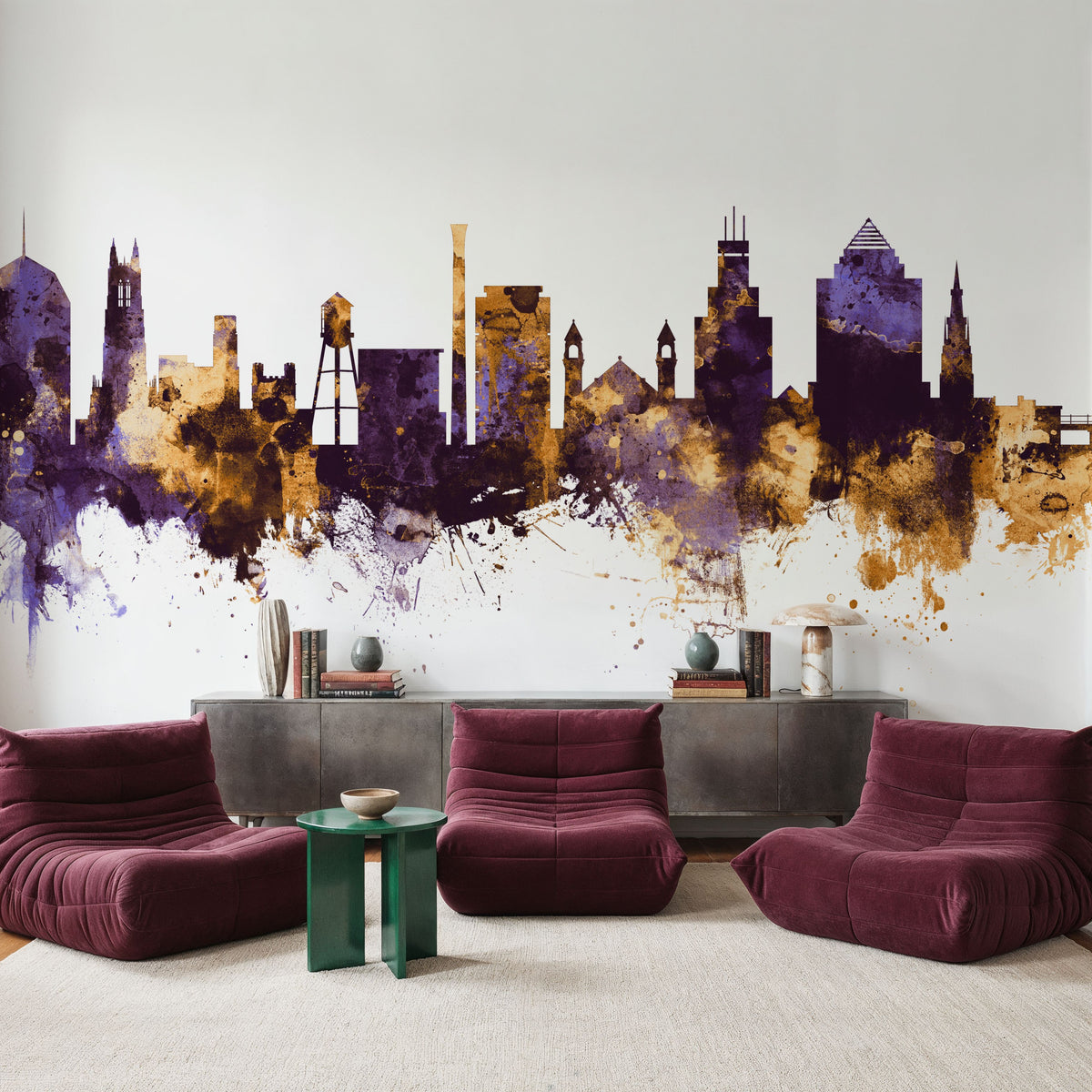 Durham North Carolina Skyline Purple & Gold Mural Wallpaper - room preview 02