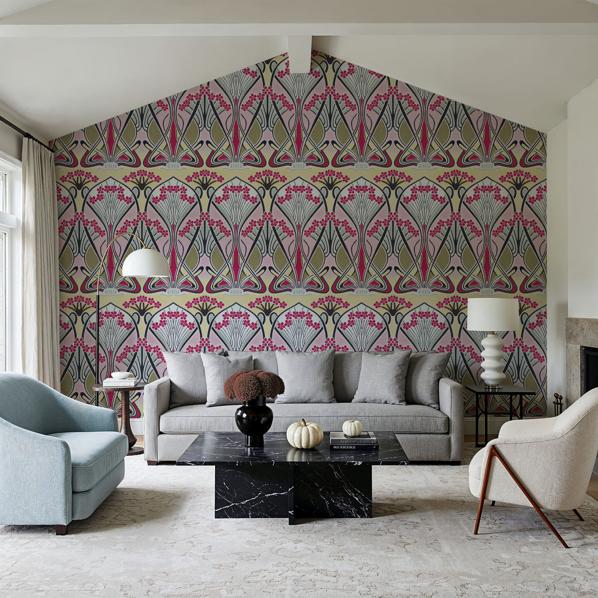 Floral Art Deco Aura, Pink Pop Mural Wallpaper - room preview 02