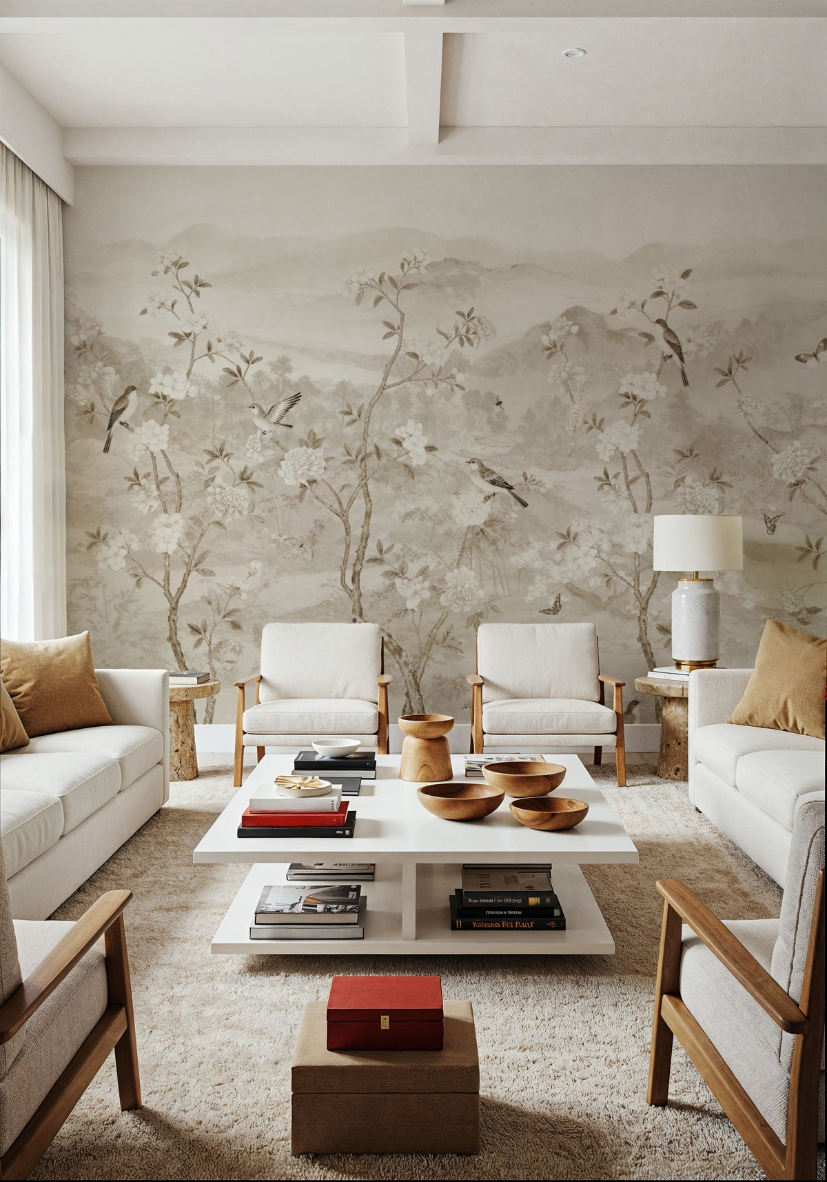 Peony Tree Landscape, Sand Mural Wallpaper - room preview 02