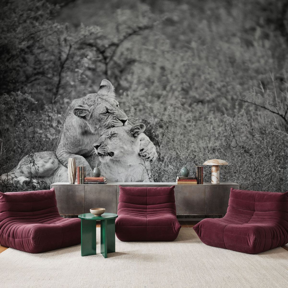 Playful Lions BW Mural Wallpaper - room preview 02
