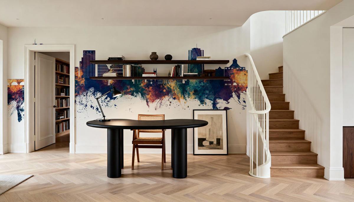 Stamford Connecticut Skyline Blue & Bronze Mural Wallpaper - room preview 02