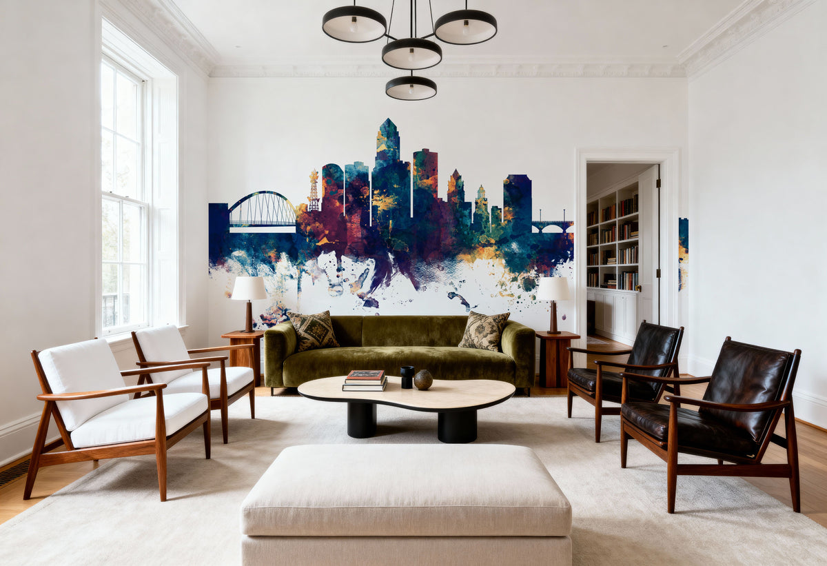 Des Moines Iowa Skyline Blue & Bronze Mural Wallpaper - room preview 02