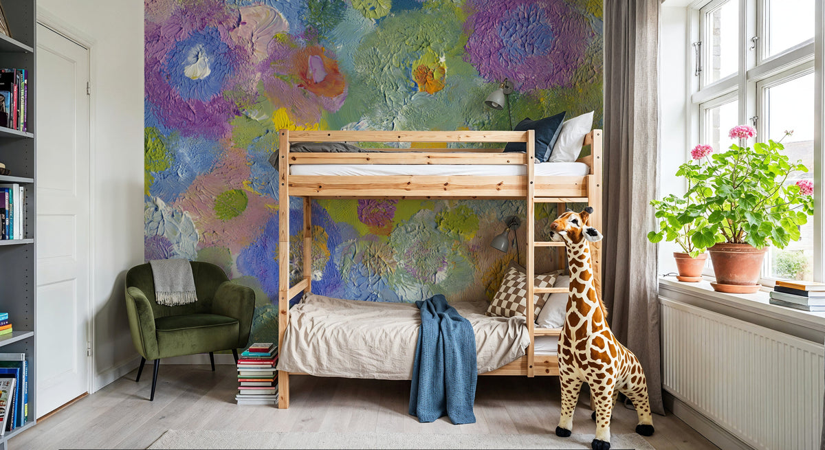 Happy Oil Painted Flowers, Blue & Purple Mural Wallpaper - room preview 02