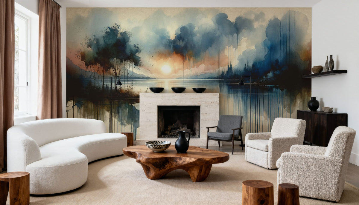 Watercolor Abstract Lake Mural Wallpaper - room preview 02