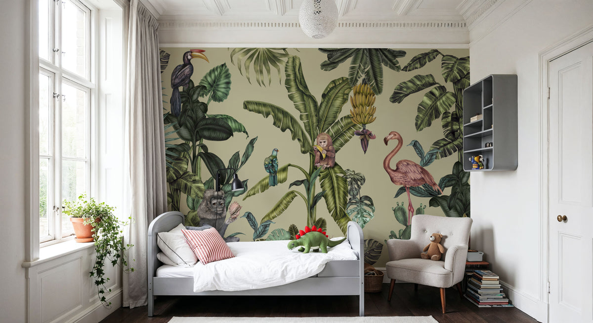 Monkeys with Birds, Laurel Mural Wallpaper - room preview 02