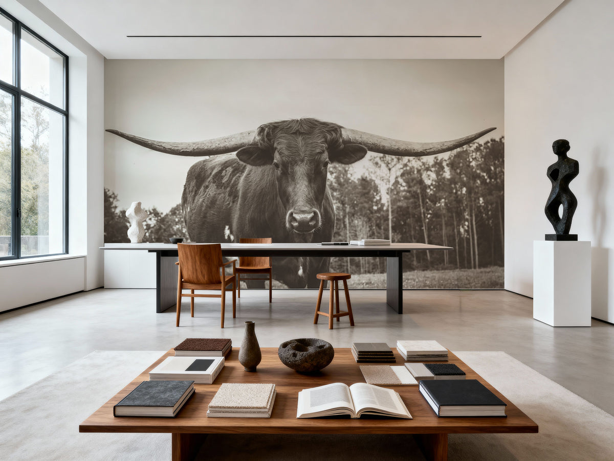 Longhorn Pastures Sepia Mural Wallpaper - room preview 02