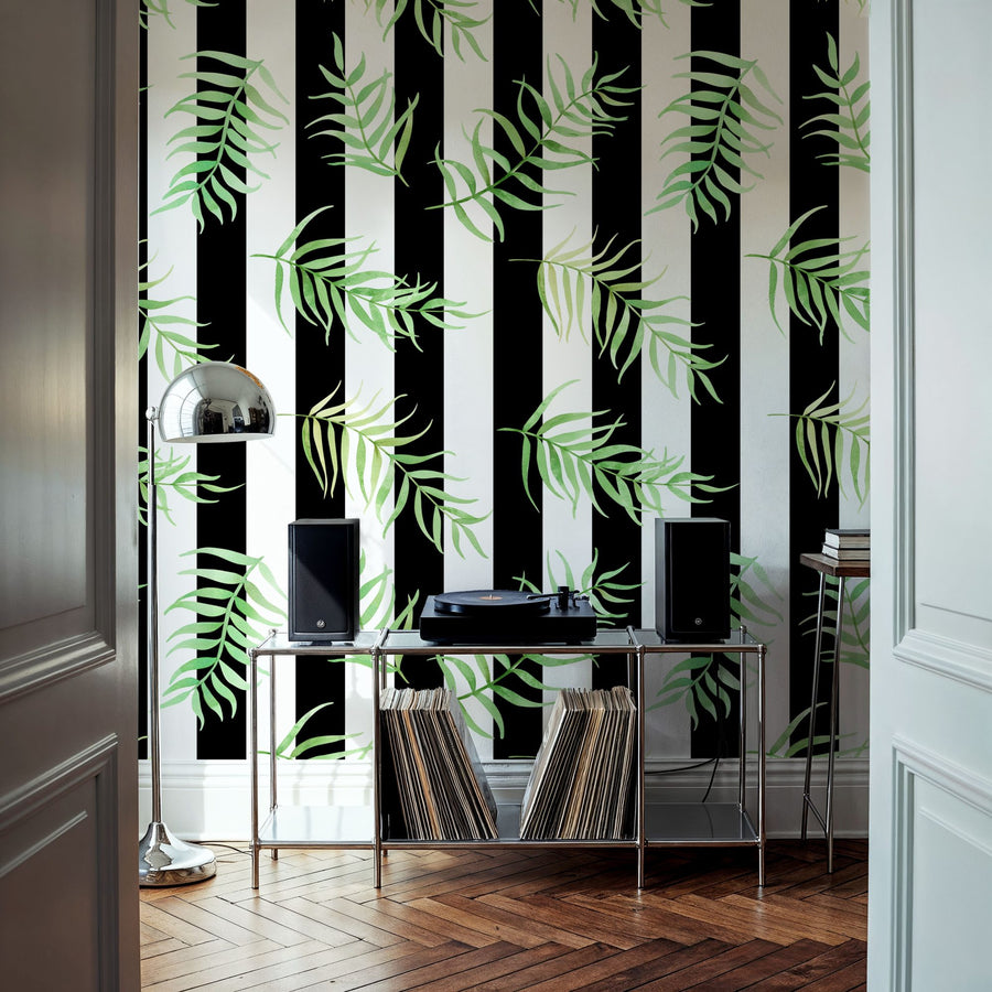 Botanical Wallpaper Mural – Leaf & Plant Wall Mural – Black & White Stripe Leaves
