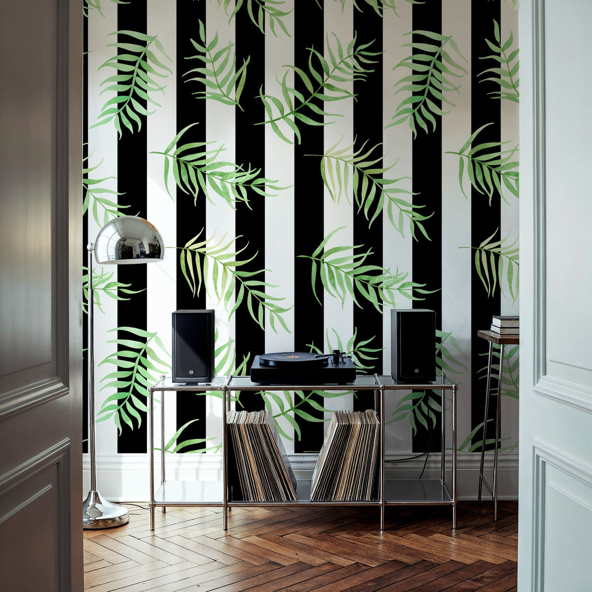 Black & White Stripe Leaves Mural Wallpaper - room preview 02