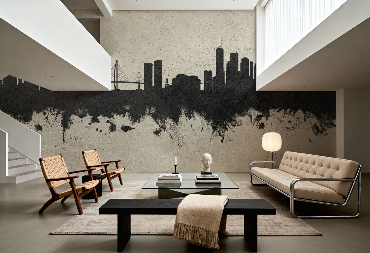 Hong Kong Skyline Concrete Mural Wallpaper - room preview 02
