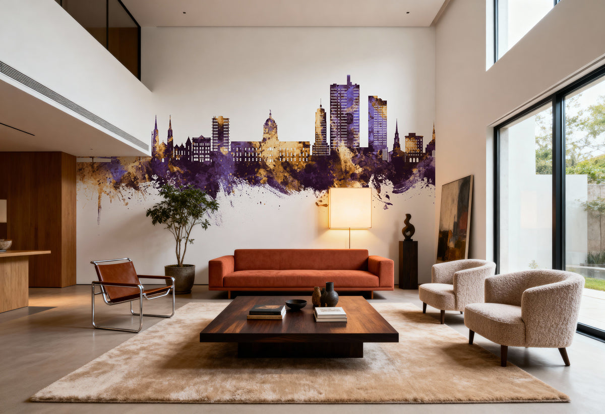 Fort Wayne Indiana Skyline Purple & Gold Mural Wallpaper - room preview 02