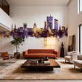 Fort Wayne Indiana Skyline Purple & Gold Mural Wallpaper - room preview 02