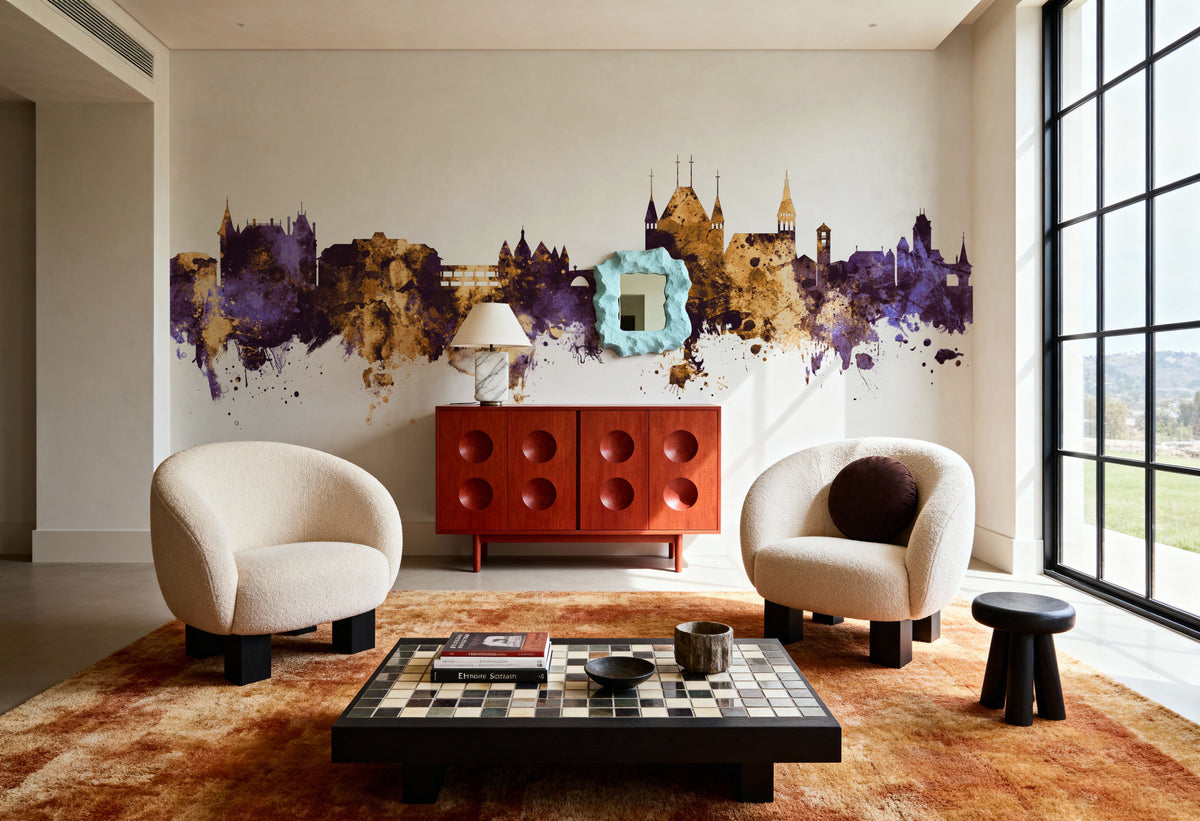 Thun Switzerland Skyline Purple & Gold Mural Wallpaper - room preview 02