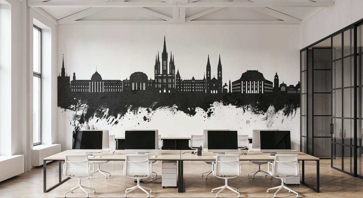 Weisbaden Germany Skyline Black & White Mural Wallpaper - room preview 02