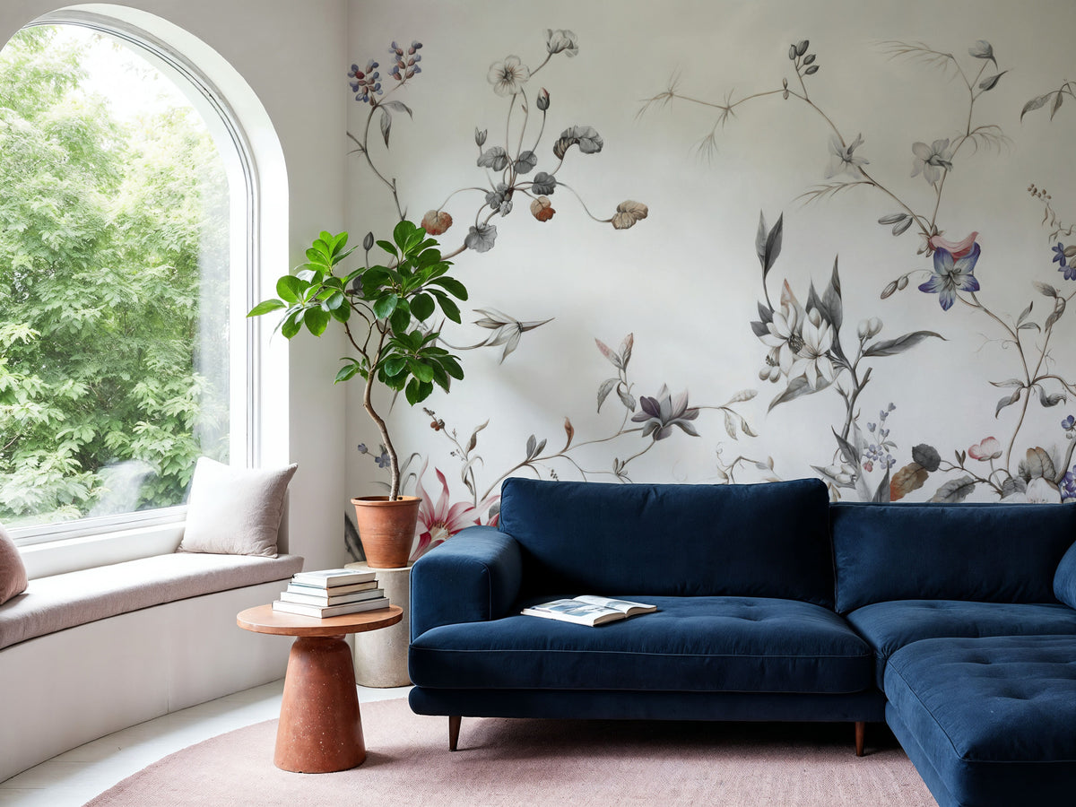 My Floral Abode, Gray Mural Wallpaper - room preview 02