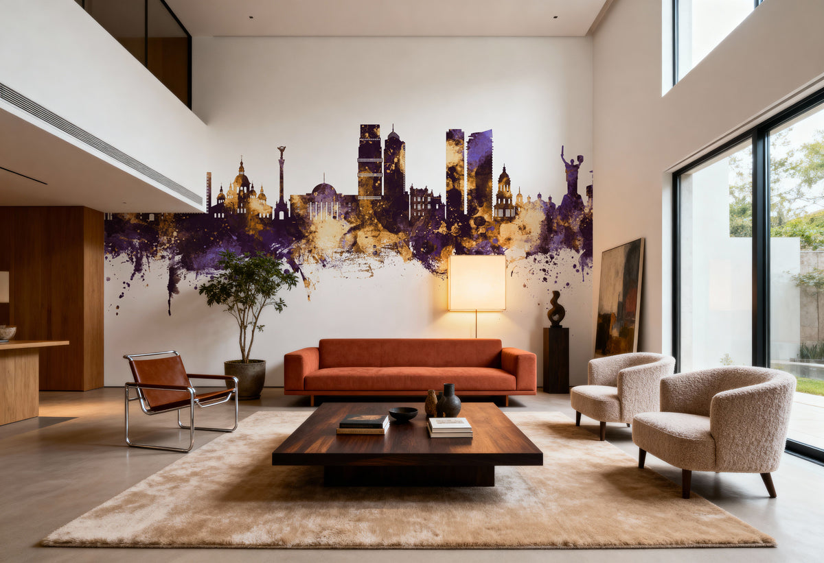 Kyiv Ukraine Skyline Purple & Gold Mural Wallpaper - room preview 02