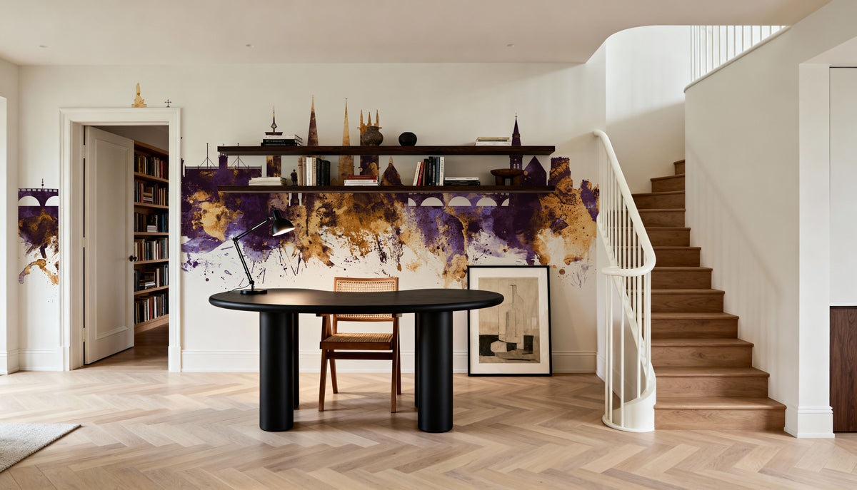 Shrewsbury England Skyline Purple & Gold Mural Wallpaper - room preview 02