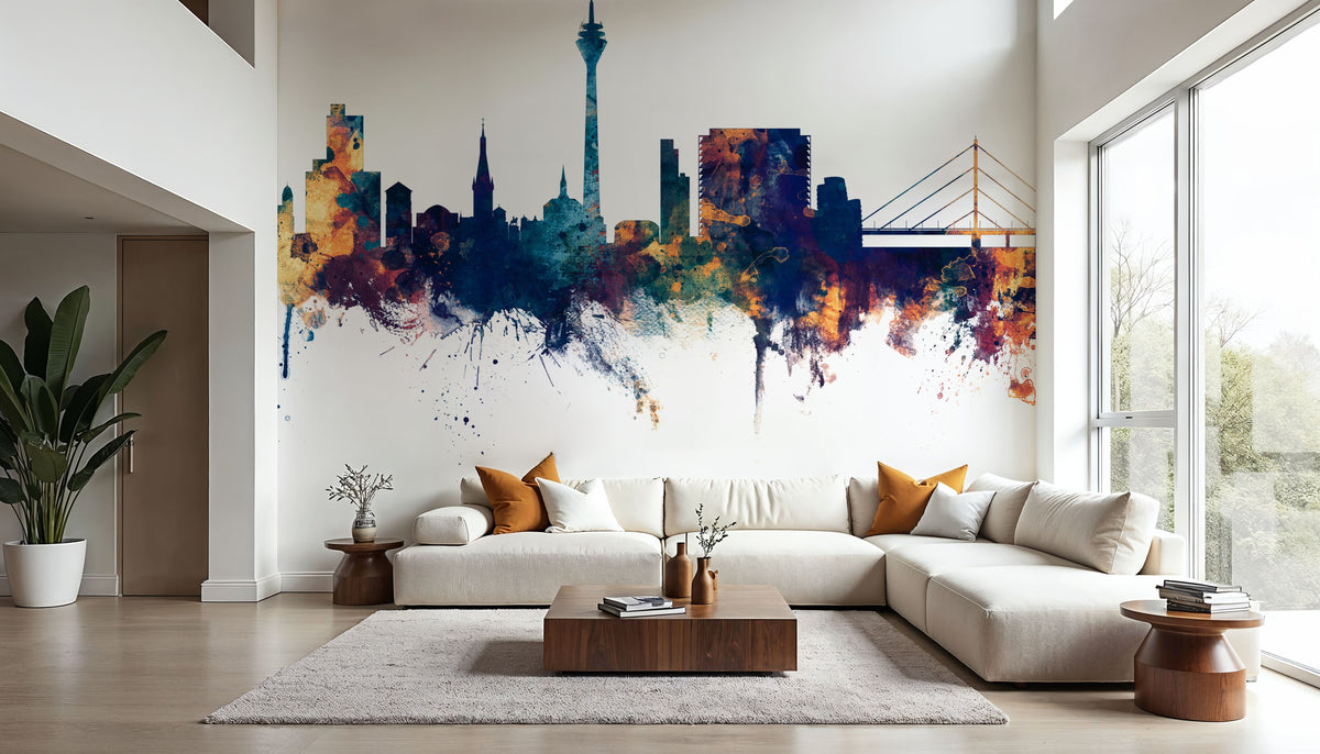 Düsseldorf Germany Skyline Blue & Bronze Mural Wallpaper - room preview 02