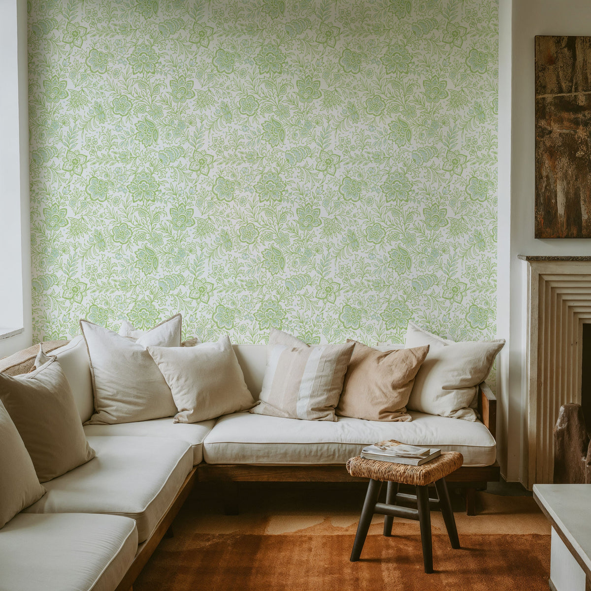 Kala Flowers Green on White Mural Wallpaper - room preview 02