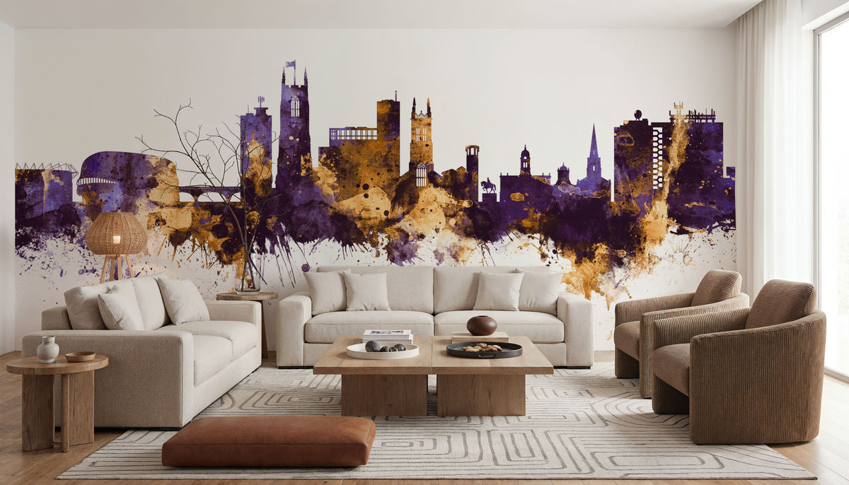 Derby England Skyline Purple & Gold Mural Wallpaper - room preview 02