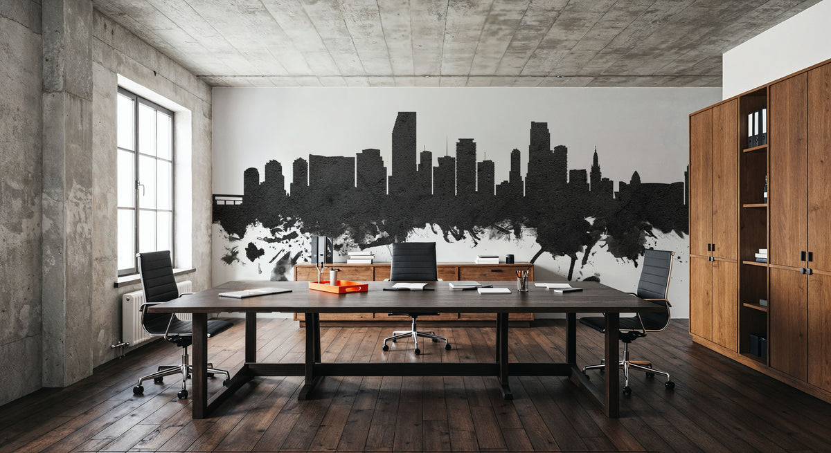 Miami Florida Skyline Blck & White Mural Wallpaper - room preview 02