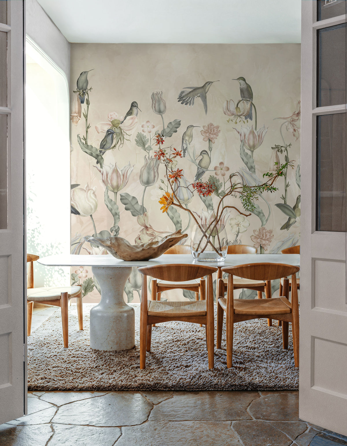 Tulips & Birds, Beige Mural Wallpaper - room preview 02