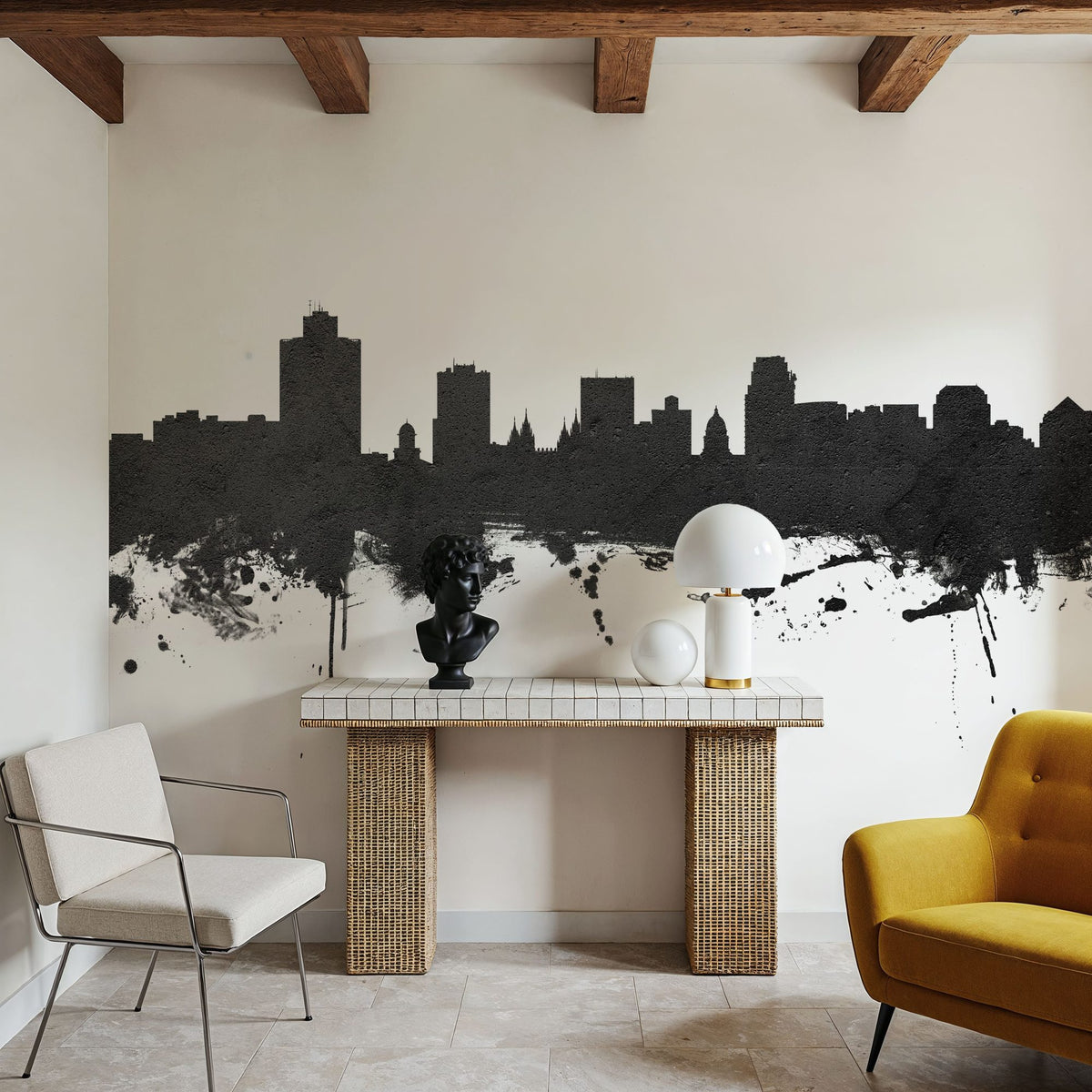 Salt Lake City Utah Skyline Black & White Mural Wallpaper - room preview 02