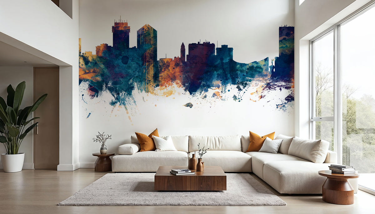 Wichita Kansas Skyline Blue & Bronze Mural Wallpaper - room preview 02