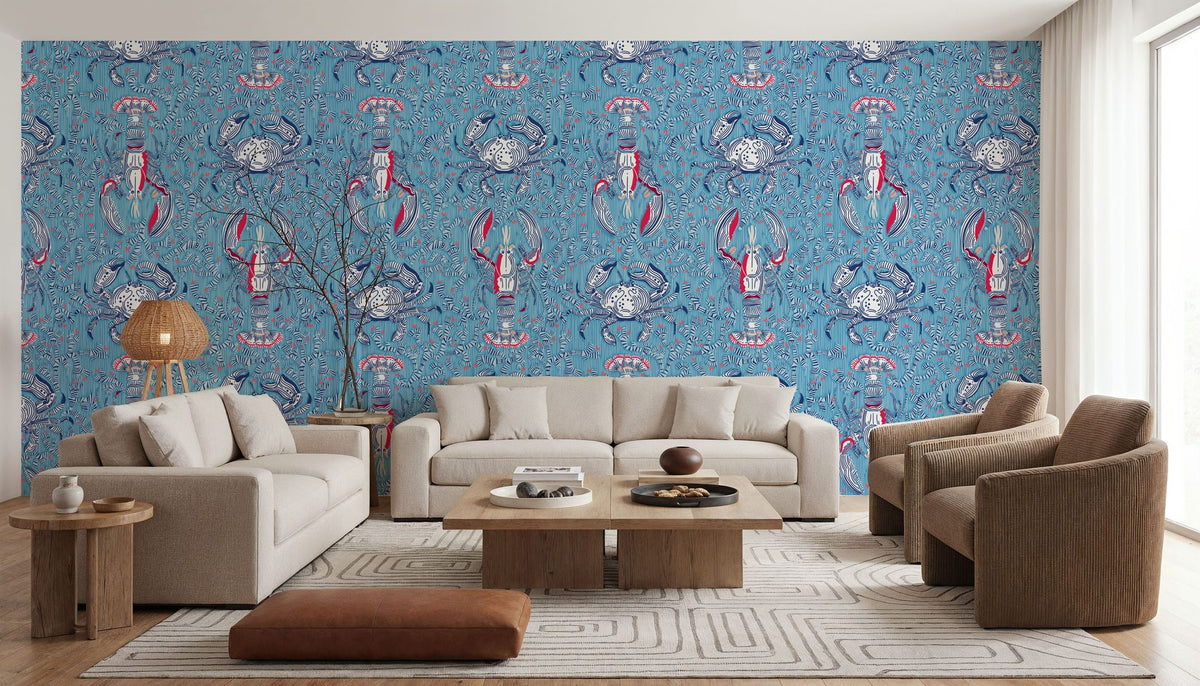 Lobster and Crab Coastal Nostalgia, Blue Mural Wallpaper - room preview 02