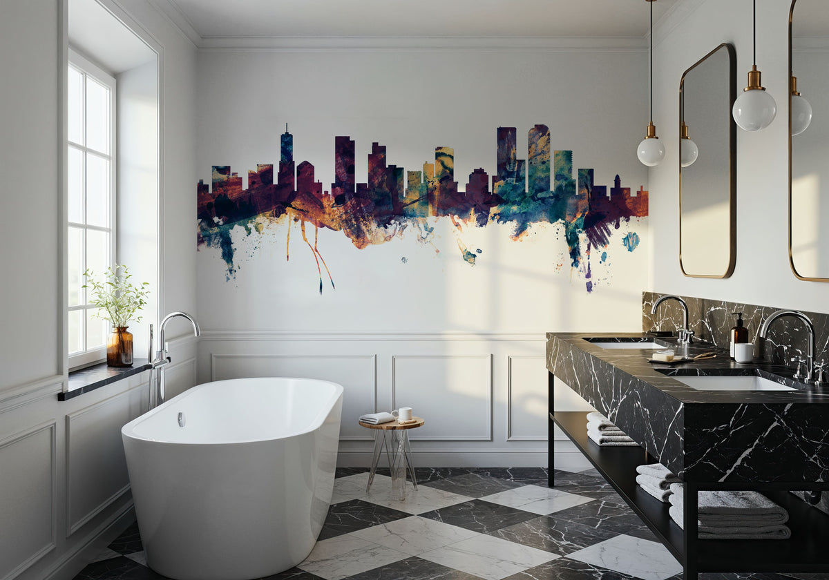 Denver Skyline Blue & Bronze Mural Wallpaper - room preview 02
