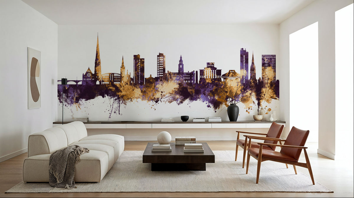 Preston England Skyline Purple & Gold Mural Wallpaper - room preview 02