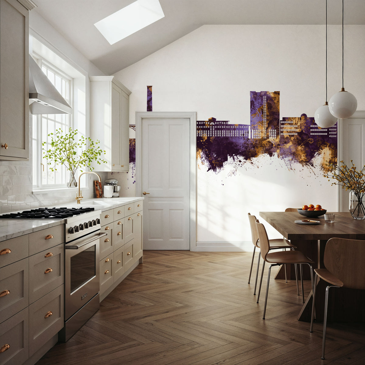 Telford England Skyline Purple & Gold Mural Wallpaper - room preview 02