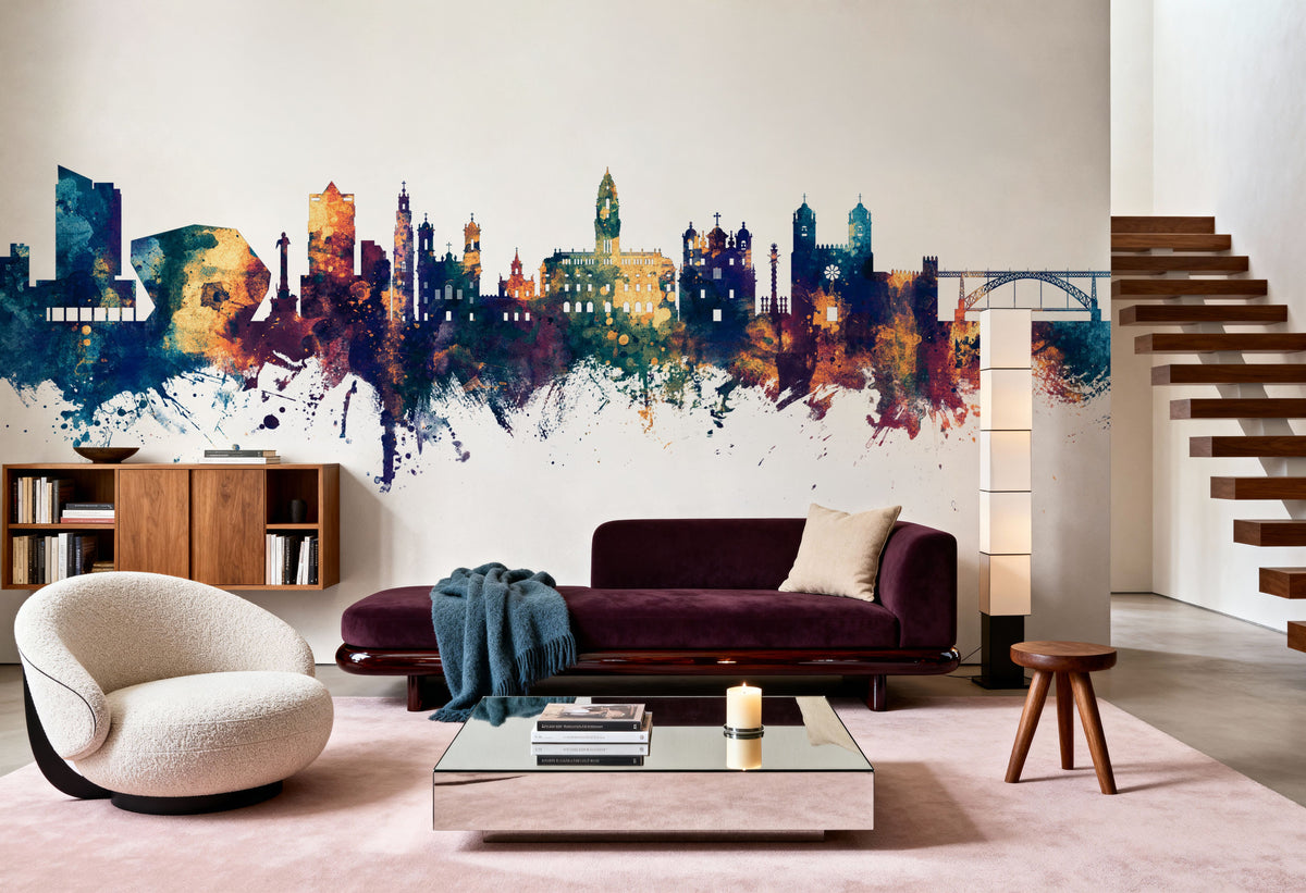Porto Portugal Skyline Blue & Bronze Mural Wallpaper - room preview 02