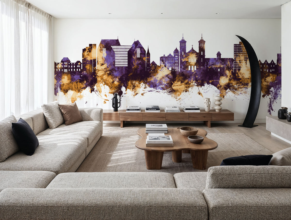 St John's Canada Skyline Purple & Gold Mural Wallpaper - room preview 02