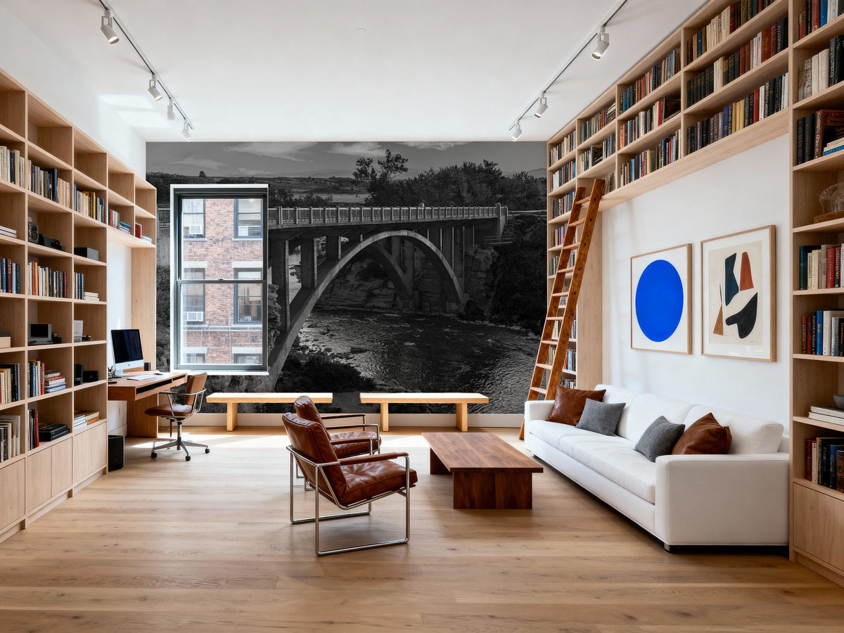 Lundbreck Falls Bridge BW Mural Wallpaper - room preview 02