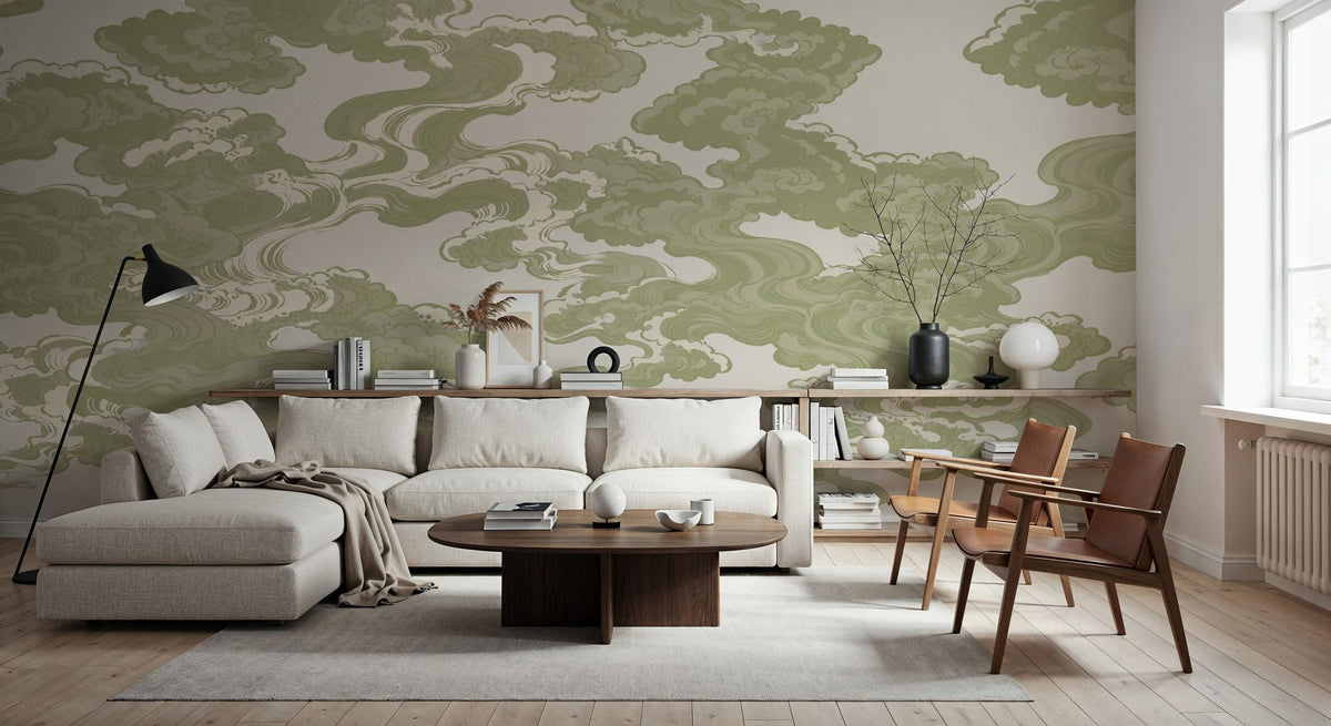 Ukiyo-e Clouds, Pistachio Mural Wallpaper - room preview 02